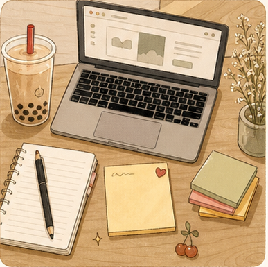 桌面上有电脑、奶茶、笔记本和便利贴，代表先做一个很小的项目